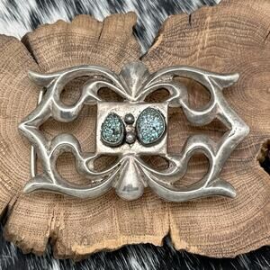 1980s Native American NAVAJO Sandcast Silver New Lander Turquoise Belt Buckle